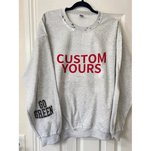 Custom Unisex Distressed Monogram Collar Sleeve Embroidery Chain Stitch Sweatshirt