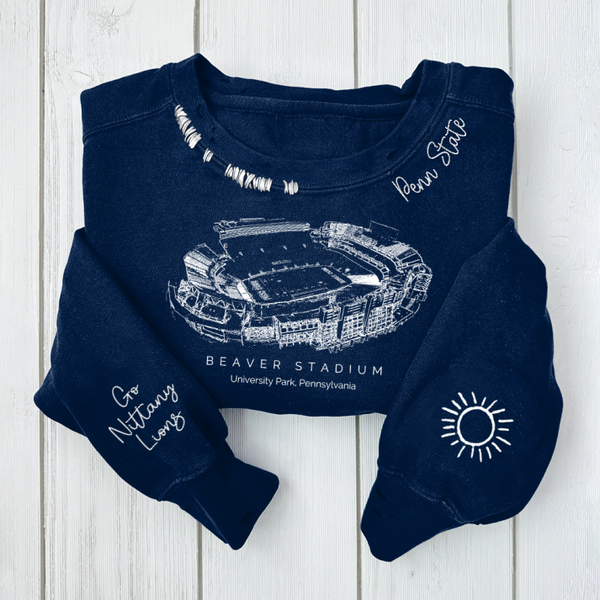 Beaver Stadium - Penn State Nittany Lions football Unisex Distressed Monogram Collar Sleeve Embroidery Chain Stitch Sweatshirt