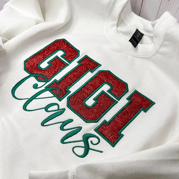 Custom Embroidered Glitter Appliqué Gigi Mimi Mama Claus Sweatshirt with Names on Sleeve